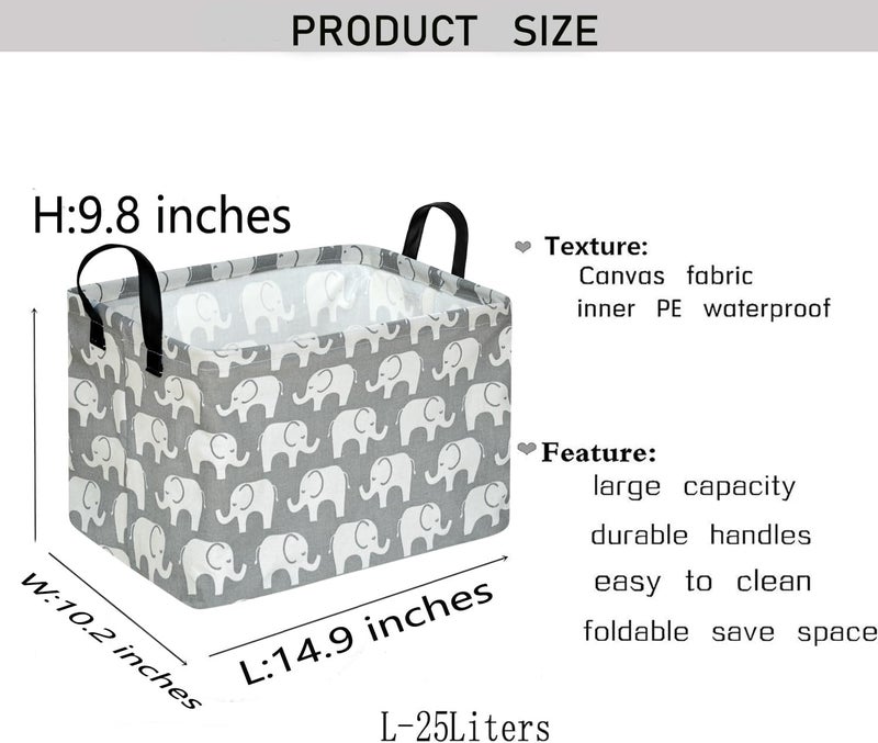 KUNRO Rectang Storage Basket Gift Shelf Basket Storage Bin, Nursery Basket Organizer Box for With Handles for Room Deco (Elephant) - Image 2